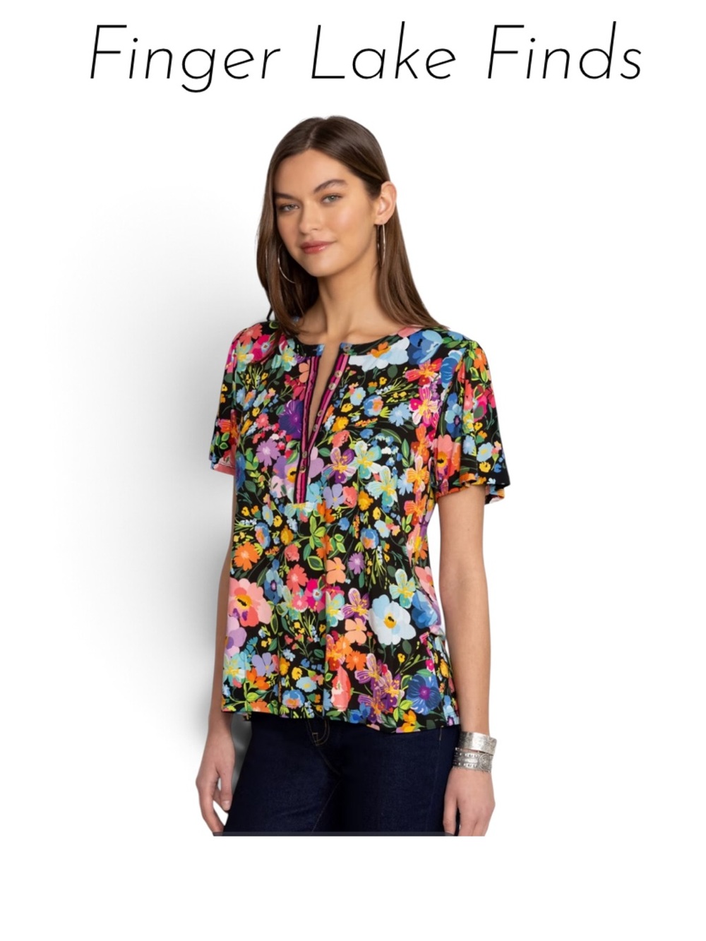 The Janie Wild Bloom Flutter Sleeve Henley, XL